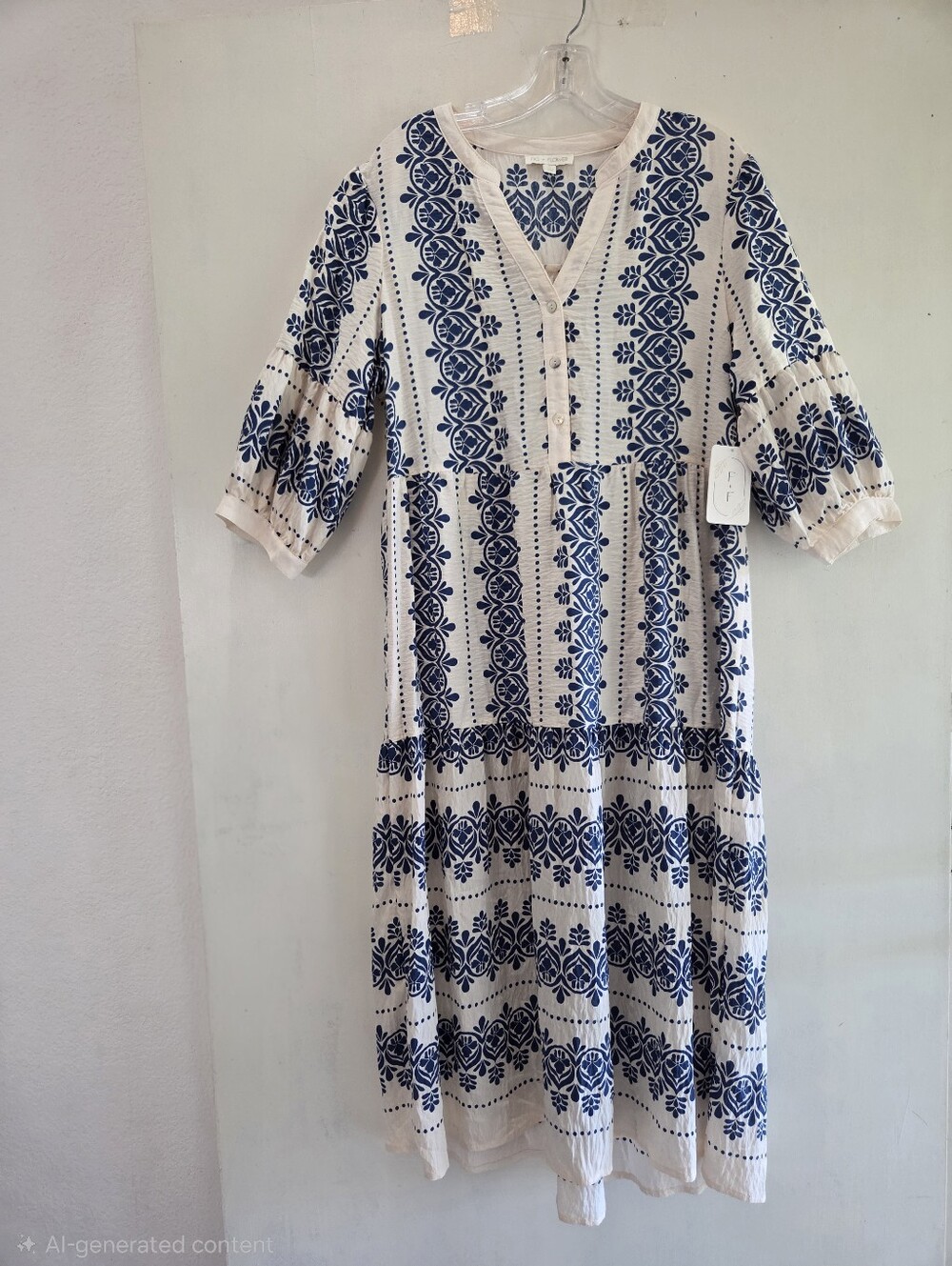 🆕️Fig + Flower 🌺 Women's Blue & Cream Embroidered V-Neck Large Midi Dress - Picture 5 of 11